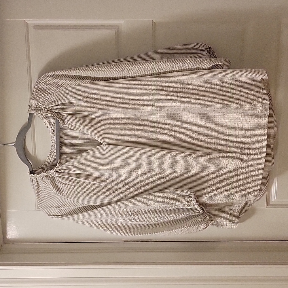 Flowy Pinstriped Long-Sleeve Blouse with Ruffle Detail at Neckline, Size Large